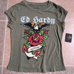 Ed Hardy Olive Rose Graphic Short Sleeve Tee Juniors Medium NWT